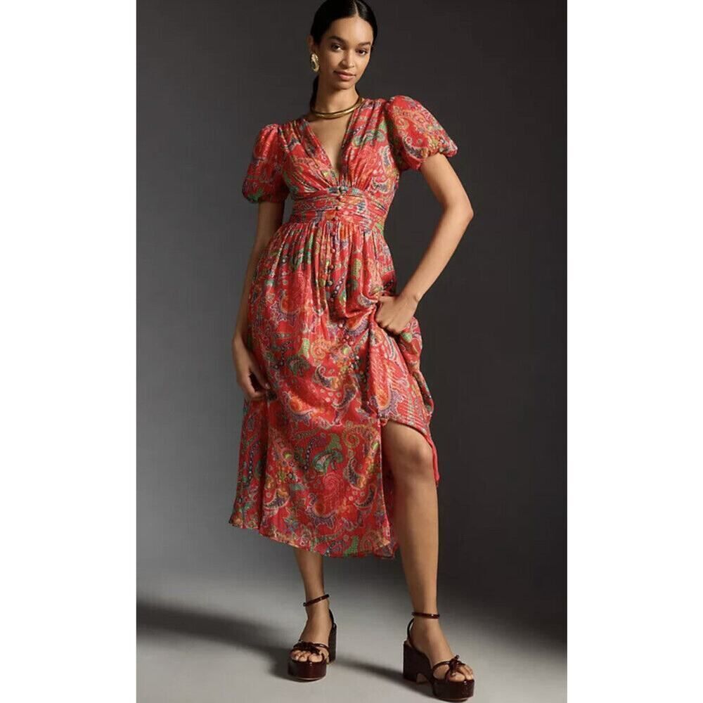 Anthropologie The Katerina Lurex Button Front Dress Size 0 V-neck Midi Dress